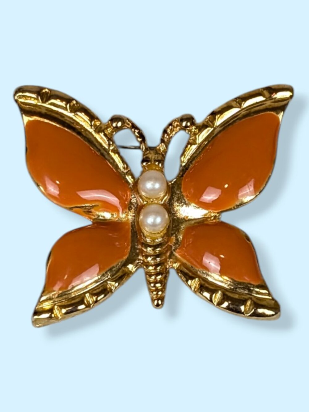 (2/$20) Orange Enamel Faux Pearl Butterfly Brooch